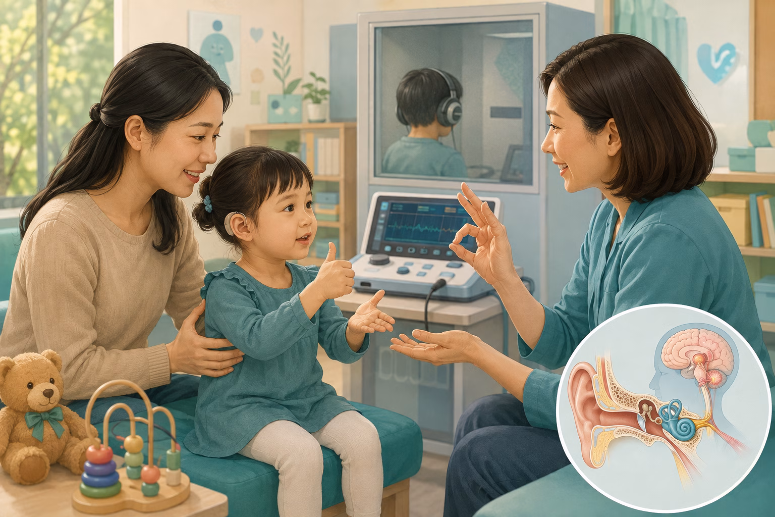Trẻ nhỏ được chuyên gia thính học sàng lọc nghe và hỗ trợ giao tiếp sớm cùng gia đình