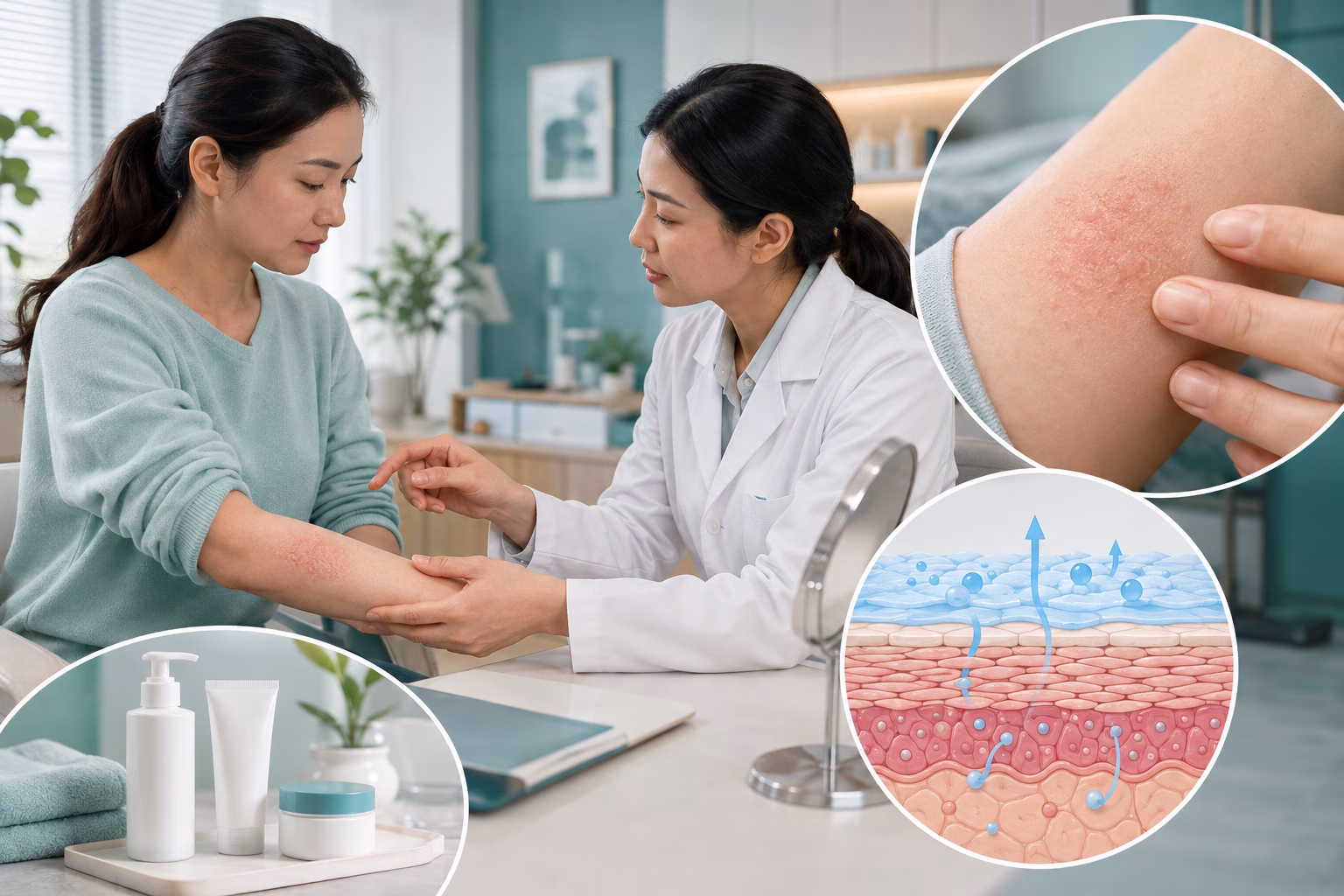 Bác sĩ da liễu khám vùng da chàm và tư vấn chăm sóc phục hồi hàng rào bảo vệ da