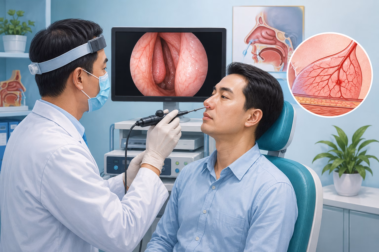 Bác sĩ tai mũi họng kiểm tra niêm mạc mũi bằng nội soi và minh họa mạch máu mũi