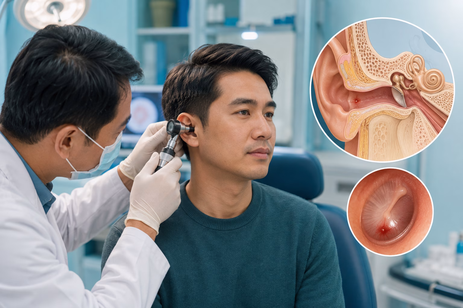 Bác sĩ tai mũi họng soi tai đánh giá chảy máu tai và hình ảnh màng nhĩ, ống tai