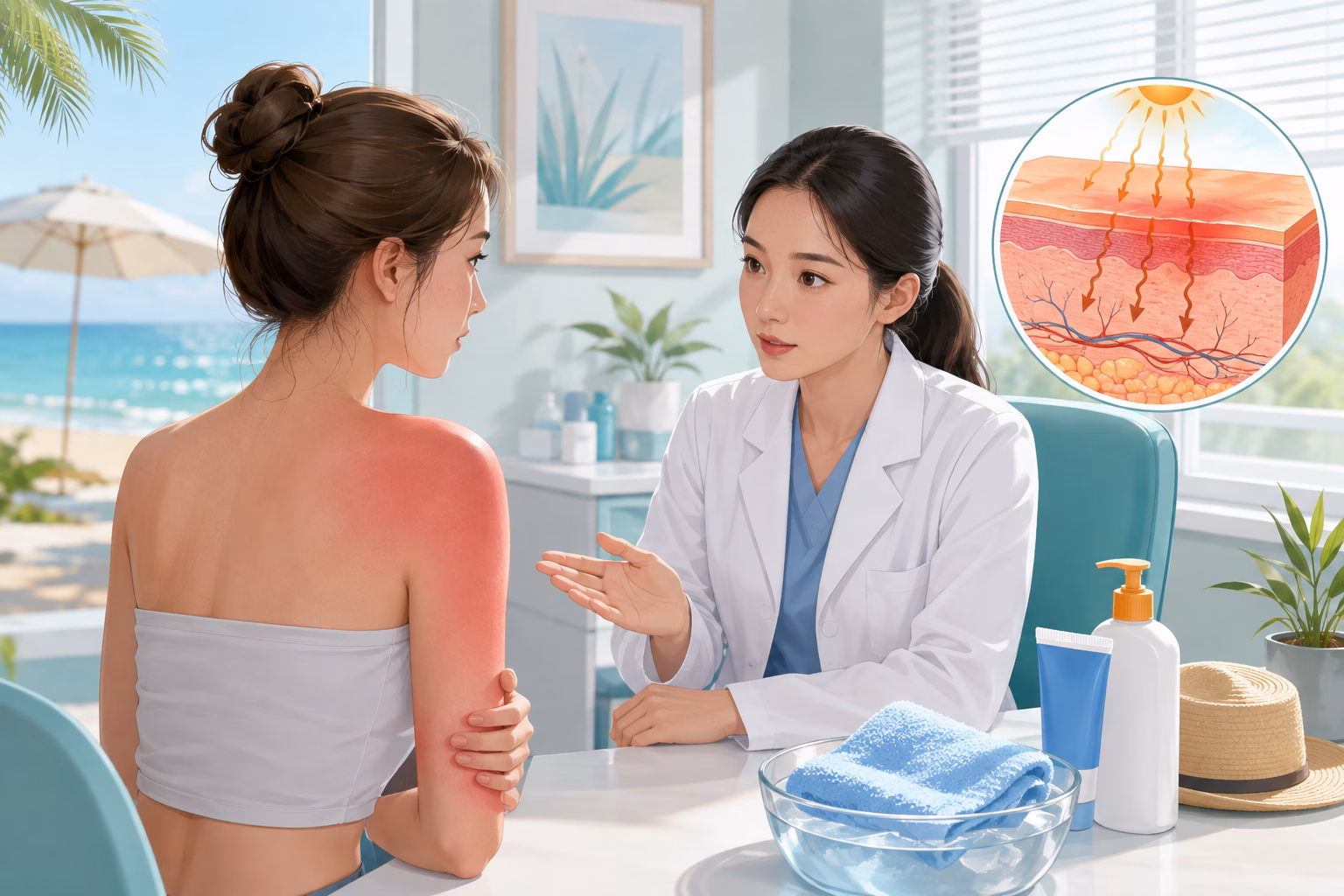 Bác sĩ da liễu tư vấn vùng da cháy nắng cùng minh họa tia cực tím và chăm sóc làm dịu da