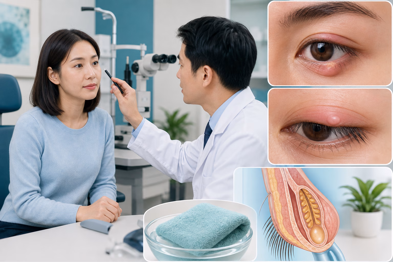 Bác sĩ mắt khám chắp và lẹo qua hình ảnh sưng mi mắt và tuyến bã mi