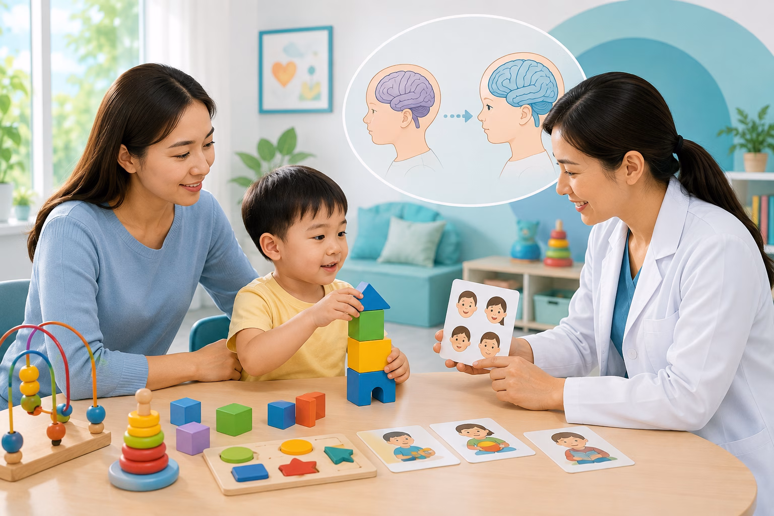 Trẻ được bác sĩ nhi phát triển đánh giá kỹ năng qua trò chơi cùng phụ huynh và minh họa não bộ