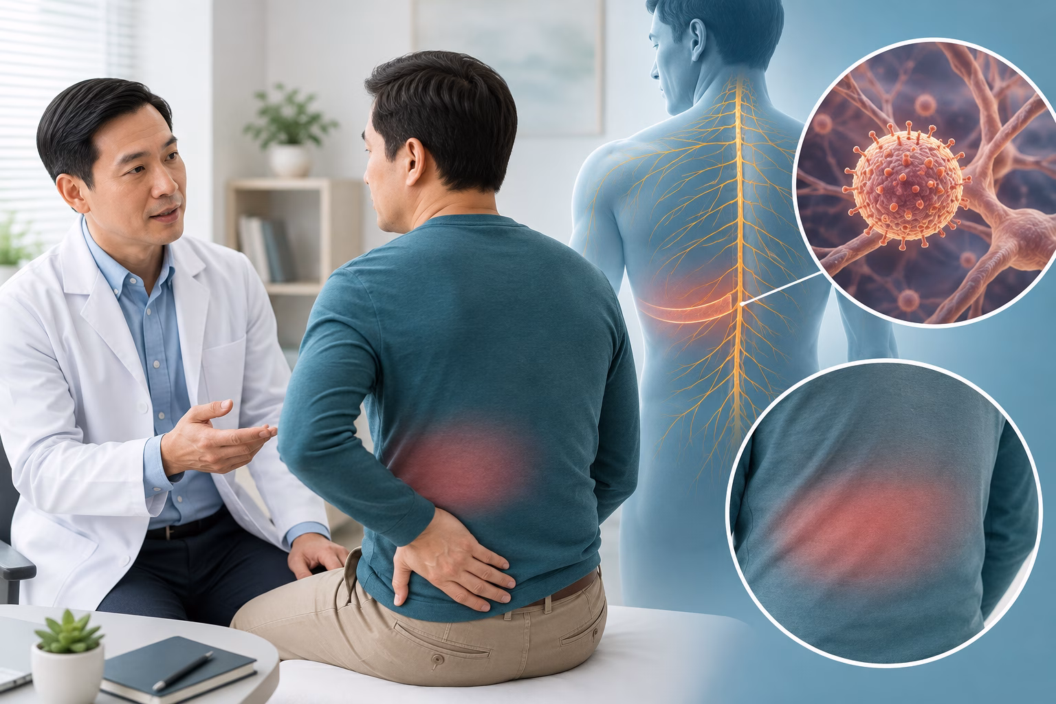 Bác sĩ tư vấn bệnh giời leo zona thần kinh với hình minh họa virus và đường đi dây thần kinh