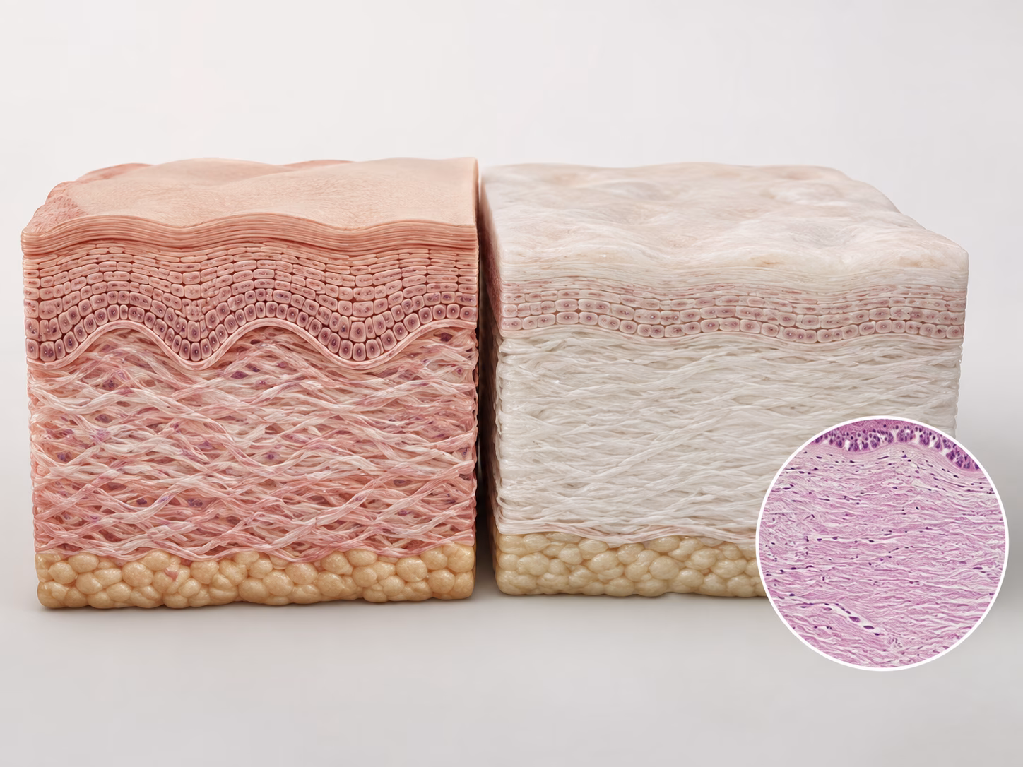 Mô hình da liễu 3D chân thực minh họa lichen xơ hóa với lớp collagen xơ cứng