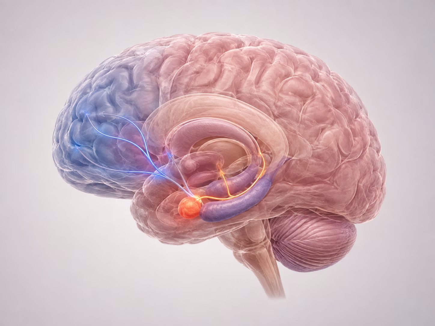 Mô hình não 3D chân thực minh họa amygdala và các vùng điều hòa phản ứng lo âu