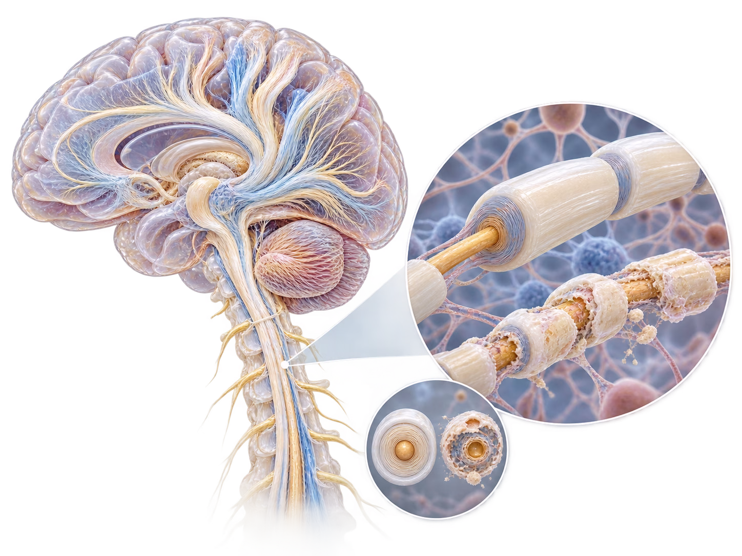 Mô hình não và bao myelin 3D chân thực minh họa loạn dưỡng bạch cầu dị sắc