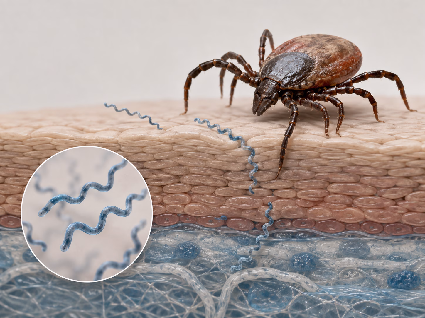 Mô hình ve truyền bệnh và xoắn khuẩn Borrelia 3D chân thực trên hàng rào da