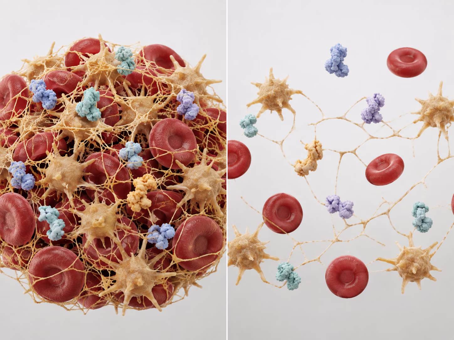 Mô hình tiểu cầu và lưới fibrin 3D chân thực so sánh đông máu bình thường và hemophilia