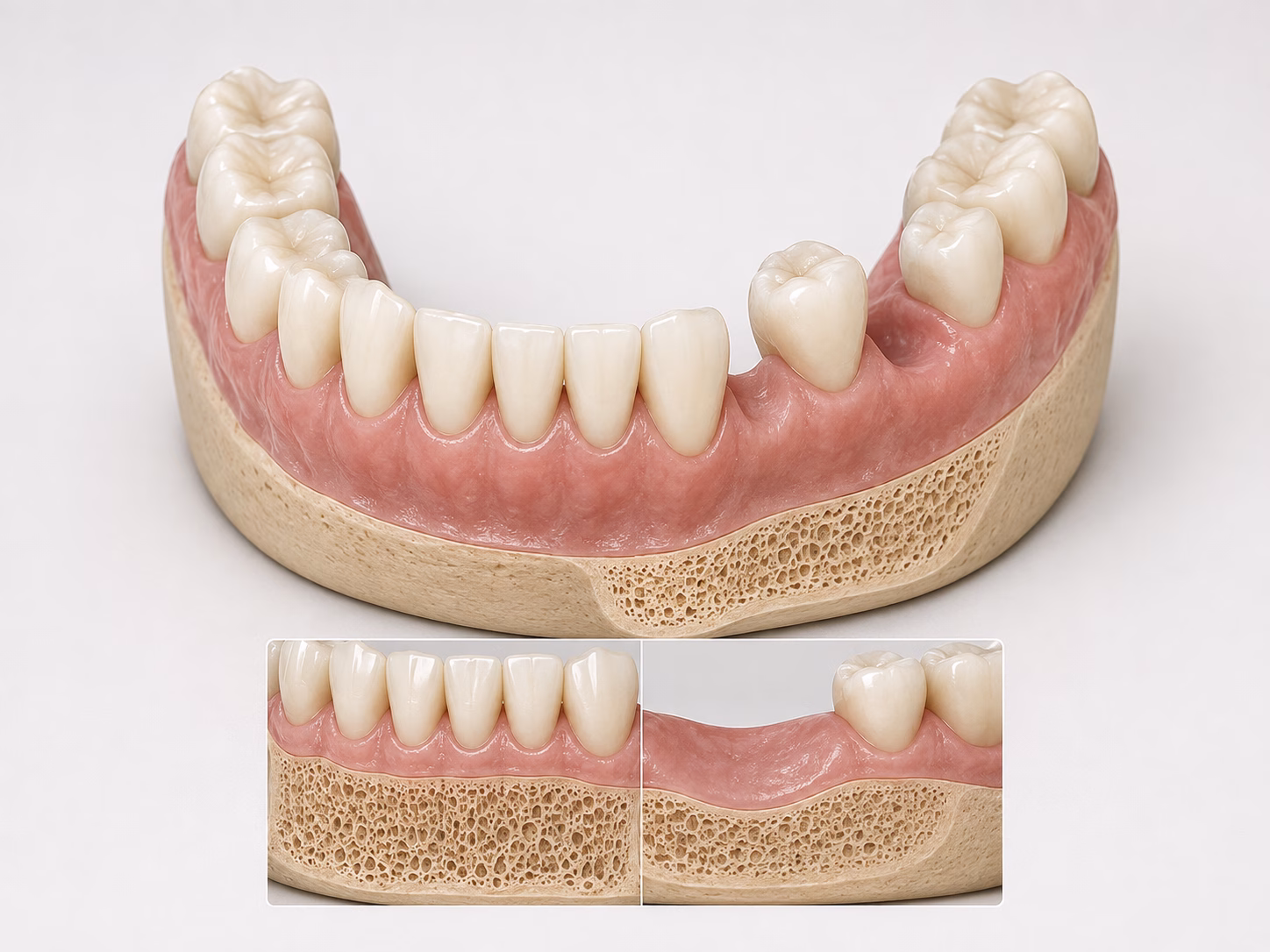 Mô hình cung răng 3D chân thực so sánh hàm răng đầy đủ và khoảng mất răng
