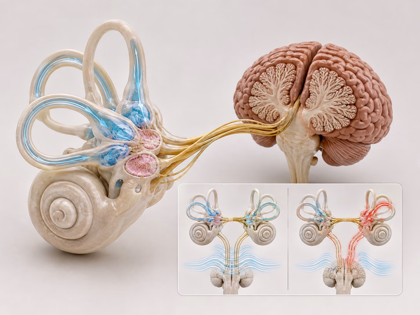 Mô hình hệ tiền đình tai trong và tiểu não 3D chân thực minh họa điều hòa thăng bằng