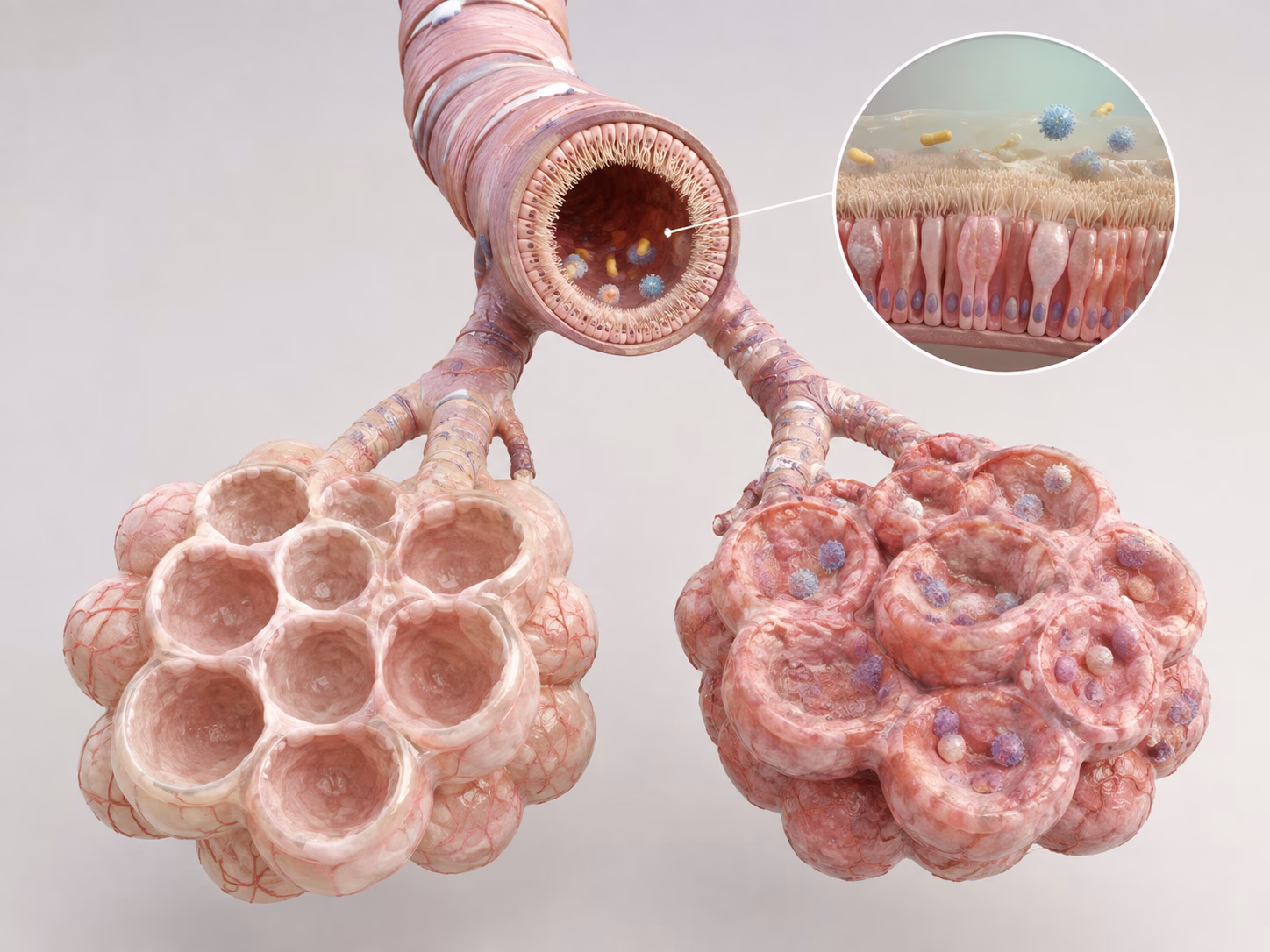 Mô hình phế quản và phế nang 3D chân thực so sánh mô phổi khỏe và viêm nhiễm