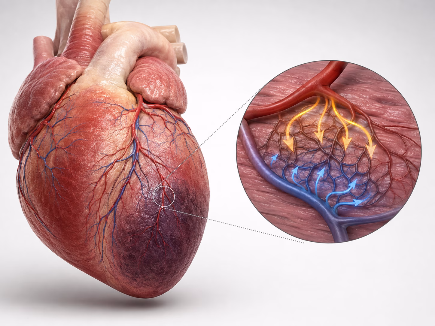 Mô hình tim 3D chân thực minh họa mất cân bằng cung và cầu oxy cơ tim