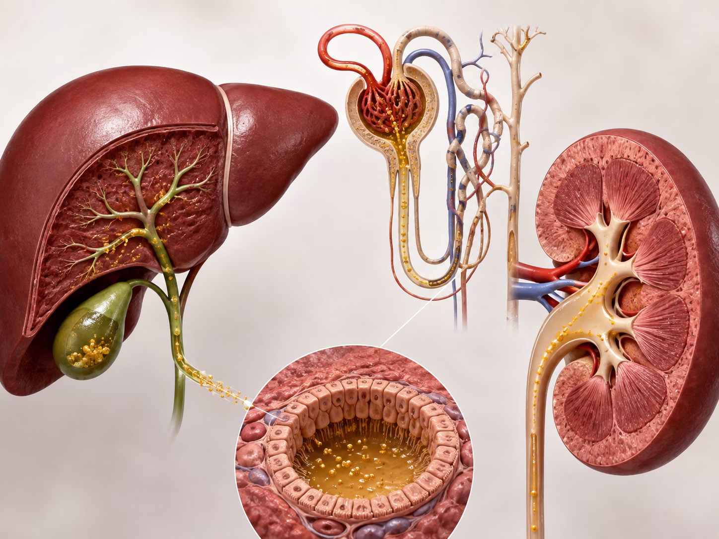 Mô hình gan và nephron 3D chân thực với sắc tố mật trong quá trình lọc