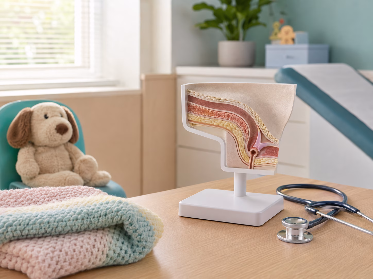 Phòng khám nhi với mô hình ống bẹn 3D chân thực minh họa kênh phúc mạc còn tồn tại