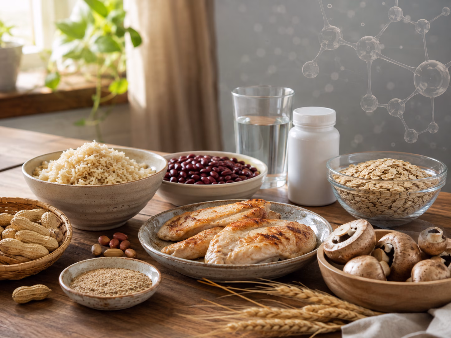 Bàn ăn chân thực với thực phẩm giàu vitamin B3 và mô típ dinh dưỡng