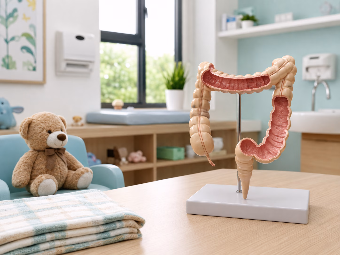 Phòng khám nhi với mô hình đại tràng 3D minh họa đoạn hẹp và đoạn giãn