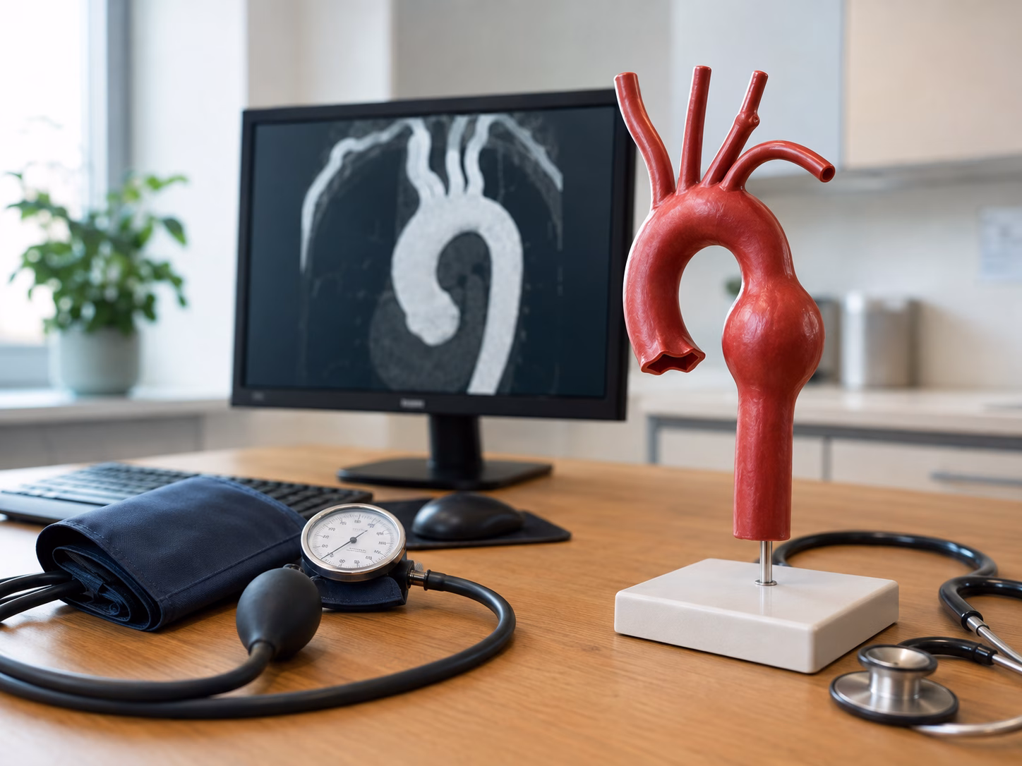 Phòng tim mạch với mô hình cung động mạch chủ phình và ảnh CT mô phỏng