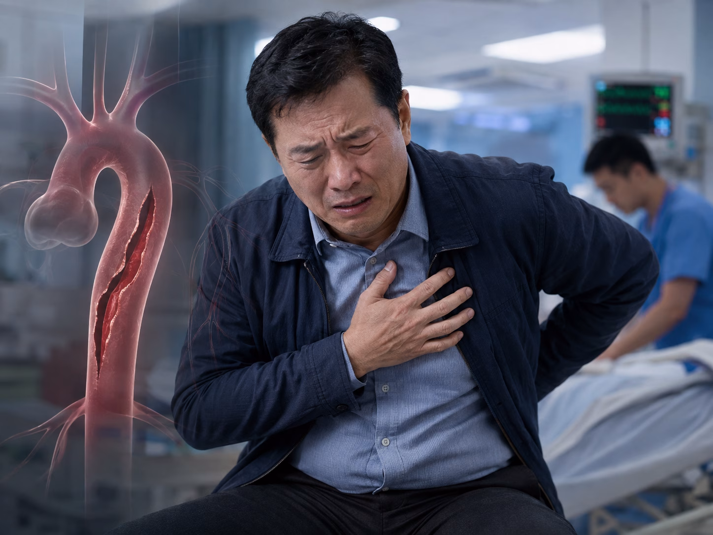 Người bệnh đau ngực trong phòng cấp cứu với hình minh họa phình tách động mạch chủ