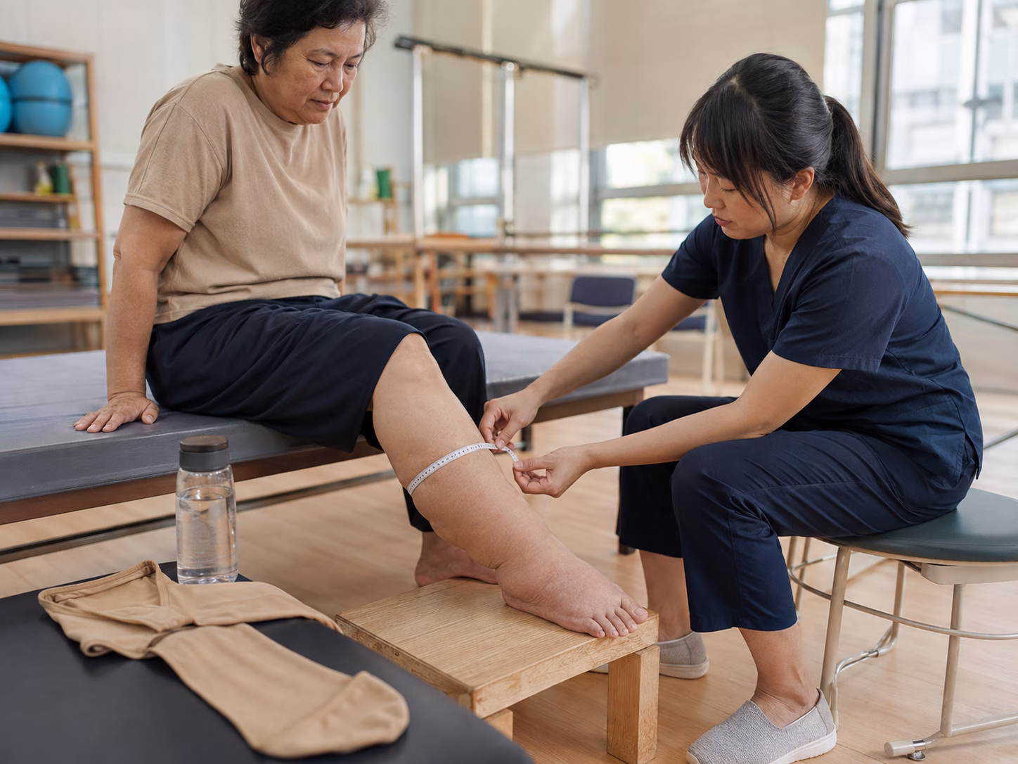 Người bệnh được đo vòng cẳng chân sưng phù tại phòng phục hồi chức năng