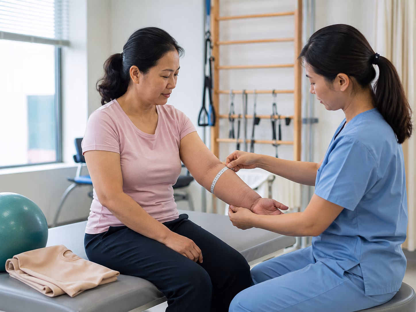 Người bệnh được đo cánh tay sưng phù tại phòng phục hồi chức năng