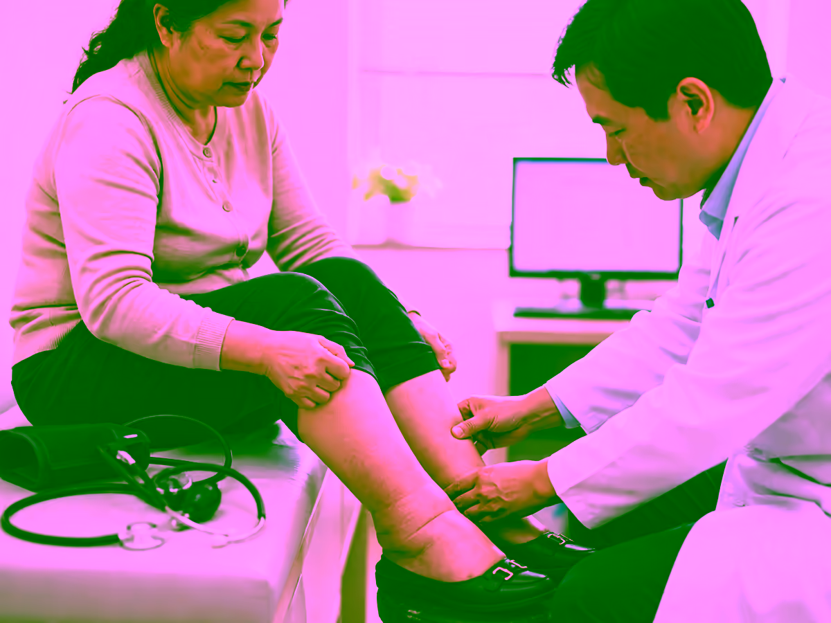 Người bệnh được kiểm tra cổ chân sưng phù tại phòng khám nội khoa