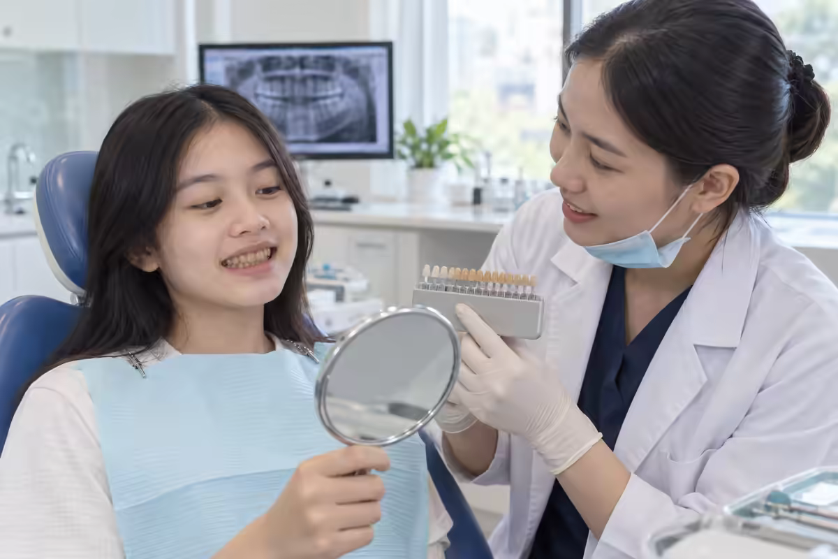 Răng nhiễm kháng sinh – trẻ được nha sĩ kiểm tra màu men răng