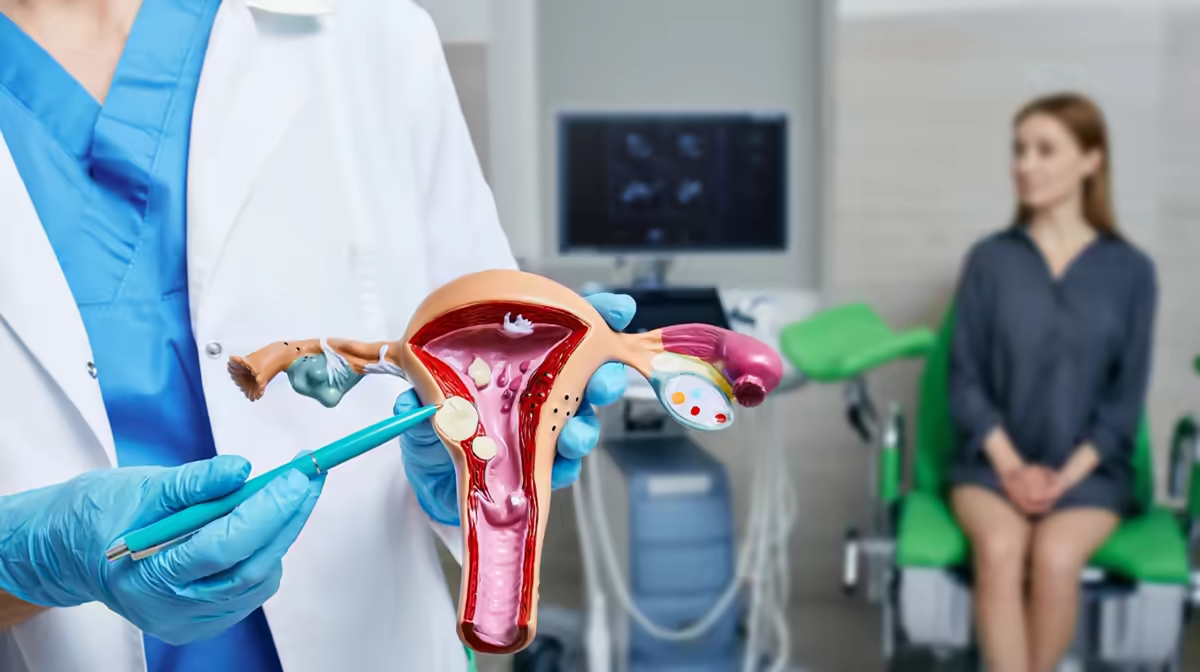 Bác sĩ tư vấn mô hình tử cung cho người bệnh rong kinh tiền mãn kinh