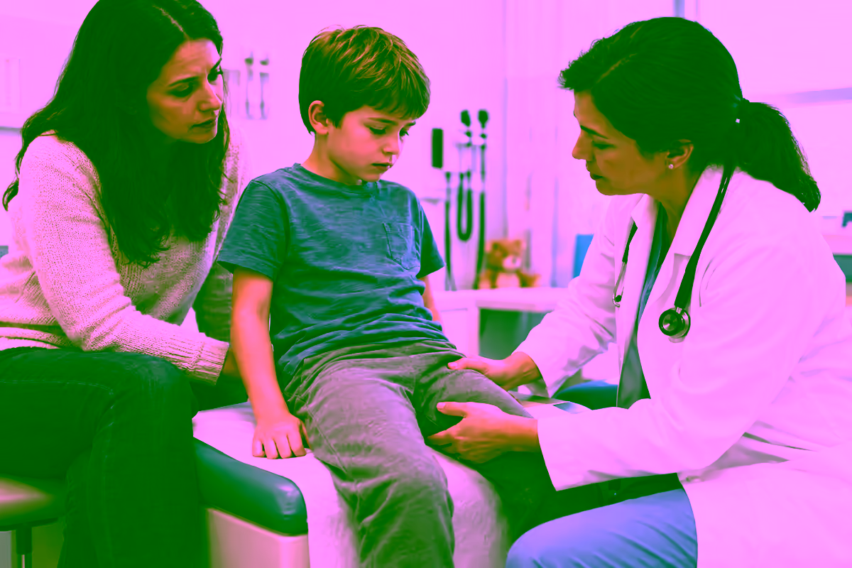 Bác sĩ khám khối sưng ở đùi của trẻ khi nghi ngờ sarcoma cơ vân