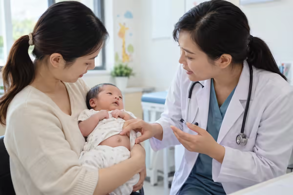 Rốn lồi ở trẻ sơ sinh – bác sĩ nhi kiểm tra vùng rốn và tư vấn cho cha mẹ