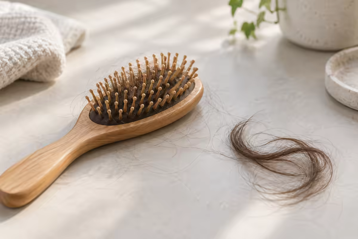Lược gỗ có nhiều sợi tóc rụng trên bề mặt