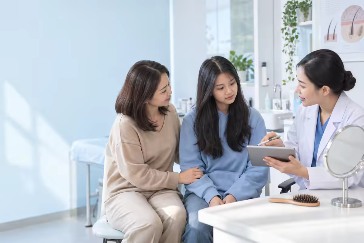 Bé gái tuổi teen cùng mẹ được bác sĩ da liễu tư vấn khi rụng tóc nhiều