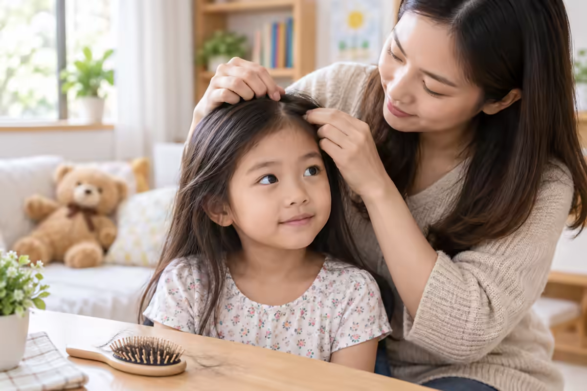 Cha mẹ nhẹ nhàng kiểm tra tóc và da đầu của trẻ