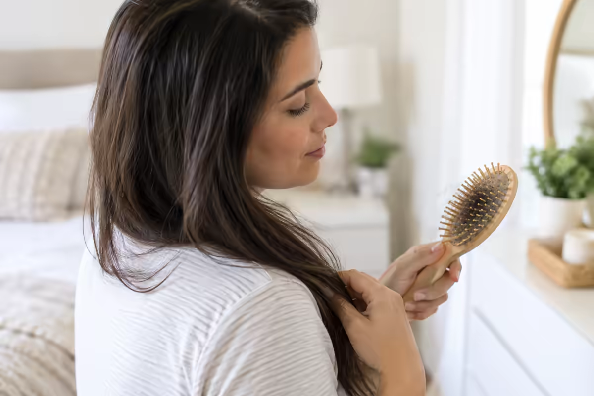 Người mẹ chải tóc với vài sợi tóc rụng trên lược