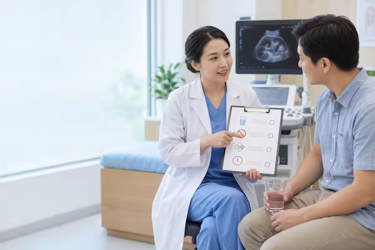 Bác sĩ hướng dẫn chuẩn bị uống nước trước khi siêu âm sỏi thận