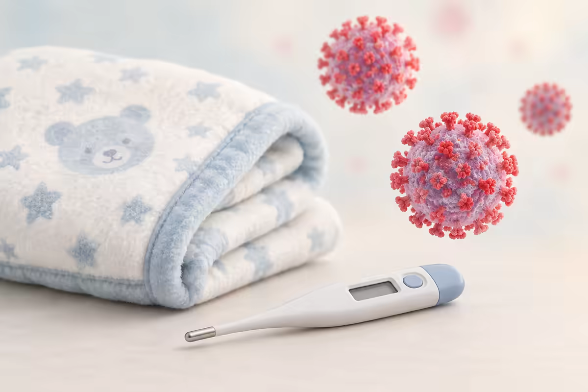 Chăn em bé, nhiệt kế và hình minh họa virus sởi trên nền sáng