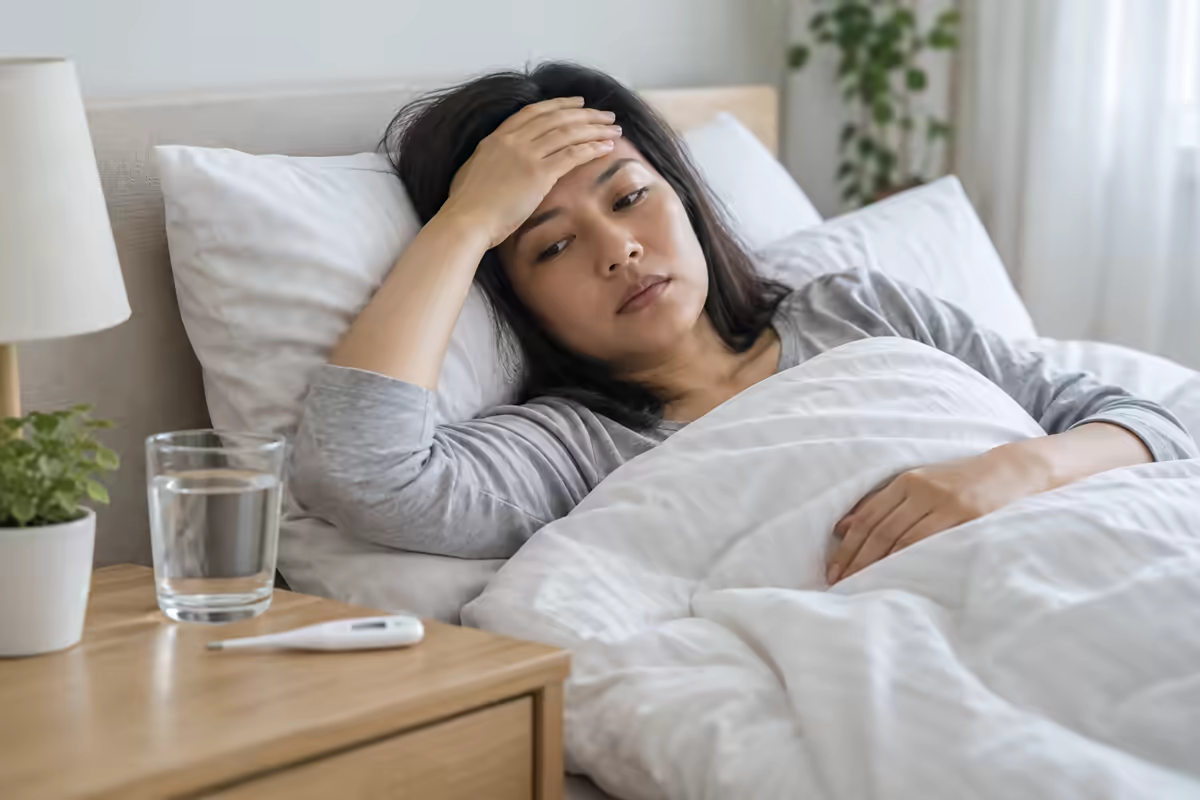 Người bệnh sốt xuất huyết đang nghỉ ngơi với nhiệt kế và nước