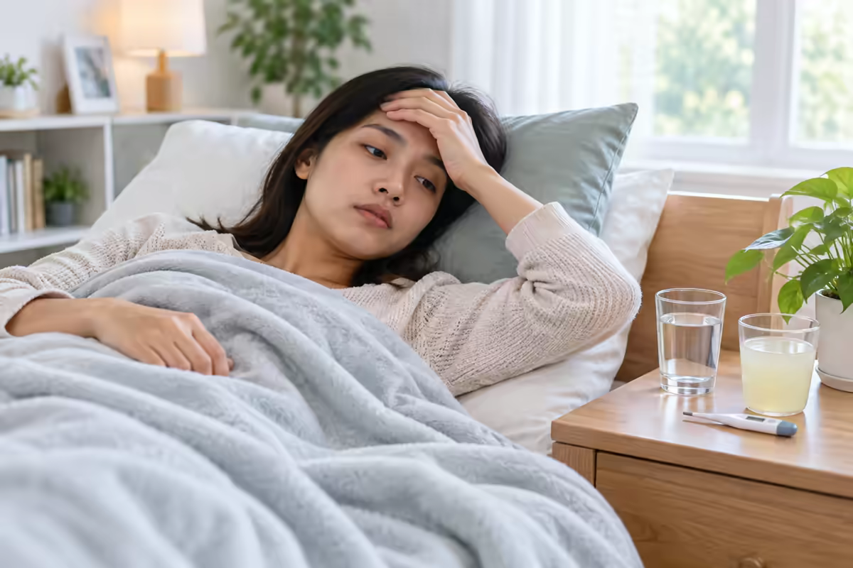 Người bệnh sốt đang nghỉ ngơi với nước bù dịch và nhiệt kế