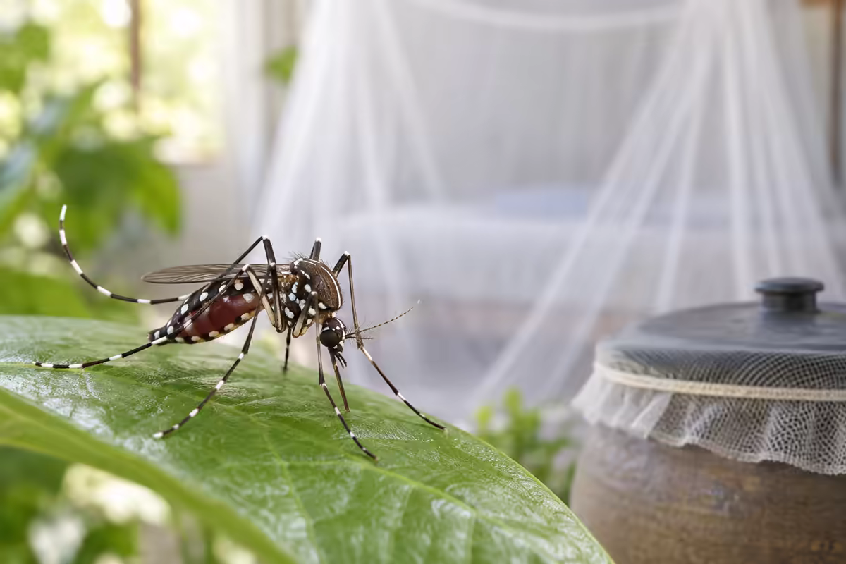 Muỗi Aedes trên lá cạnh màn chống muỗi và dụng cụ đậy kín nước