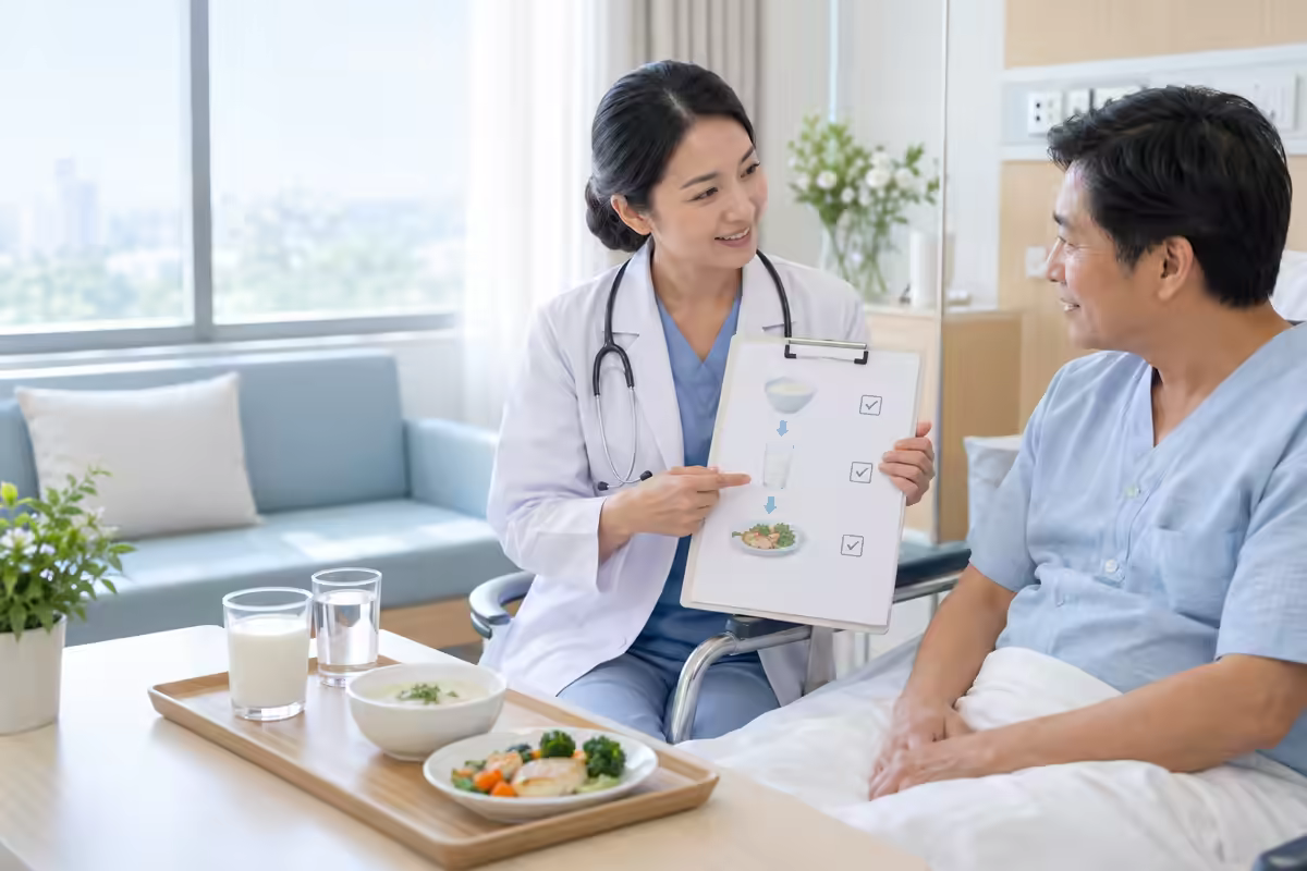 Bác sĩ hướng dẫn chế độ dinh dưỡng và uống sữa sau phẫu thuật