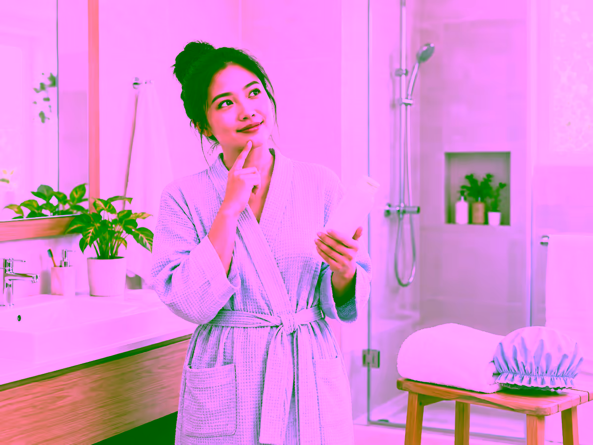 Người phụ nữ cân nhắc trình tự tắm và gội đầu