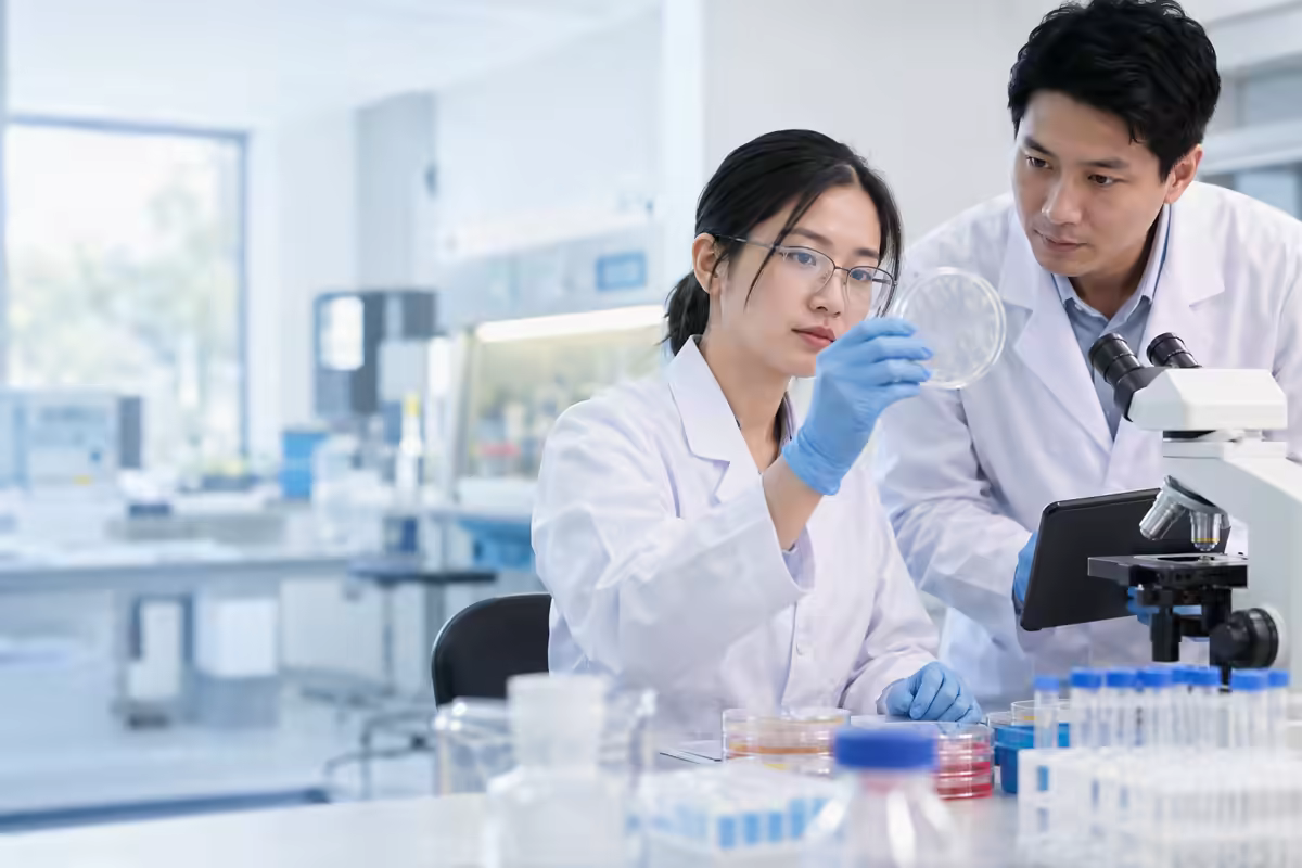 Nhà nghiên cứu quan sát mẫu tế bào trong phòng thí nghiệm y học tái tạo
