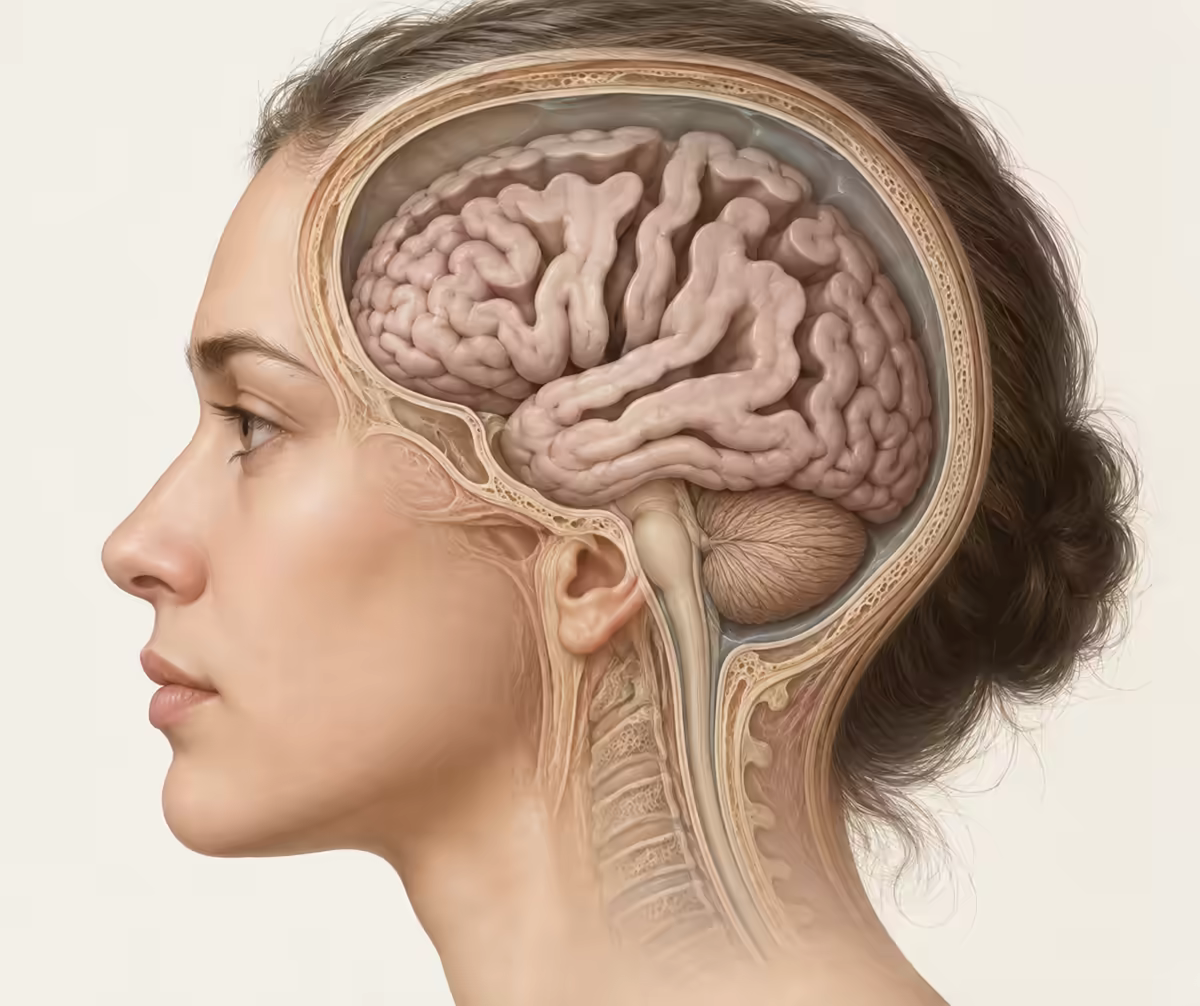 Mặt cắt đầu nhìn nghiêng với hình ảnh não có các rãnh rộng hơn