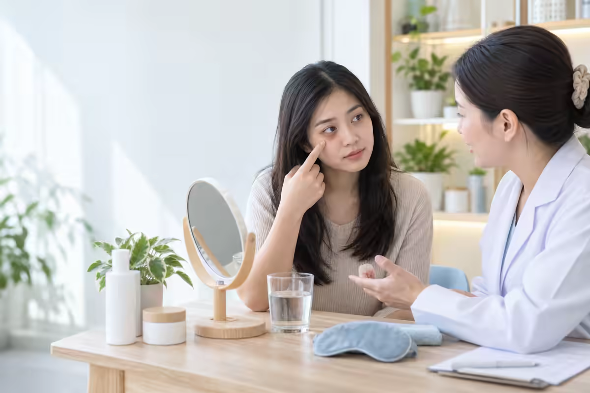 Người phụ nữ trao đổi với dược sĩ về quầng thâm dưới mắt