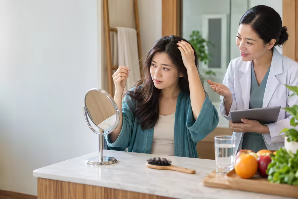 Người trẻ chăm sóc tóc và trao đổi về thói quen giúp hạn chế tóc bạc sớm