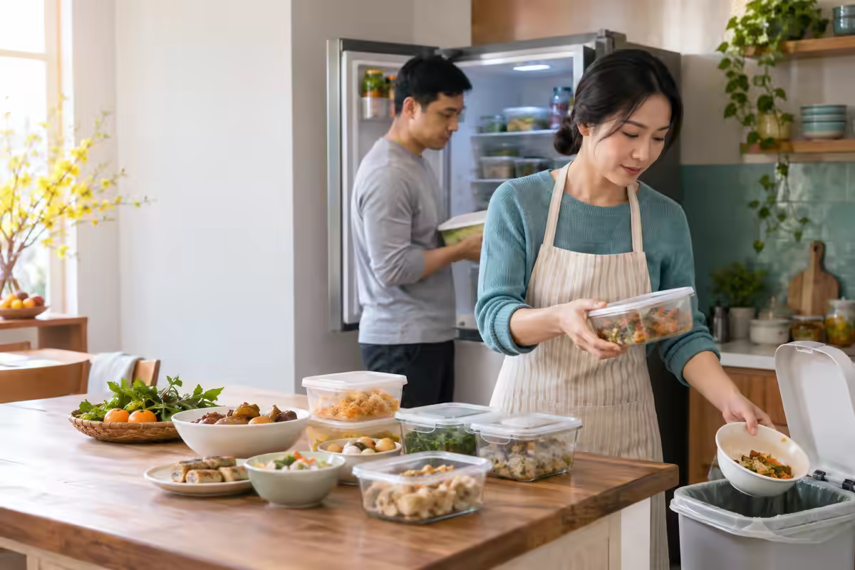 Người nội trợ kiểm tra và loại bỏ thức ăn thừa sau Tết trong bếp sạch