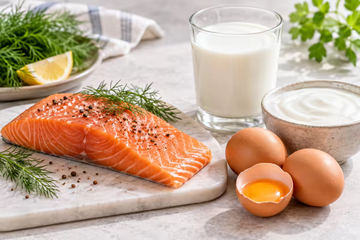 Thực phẩm giàu vitamin B12 như cá hồi, trứng, sữa và sữa chua