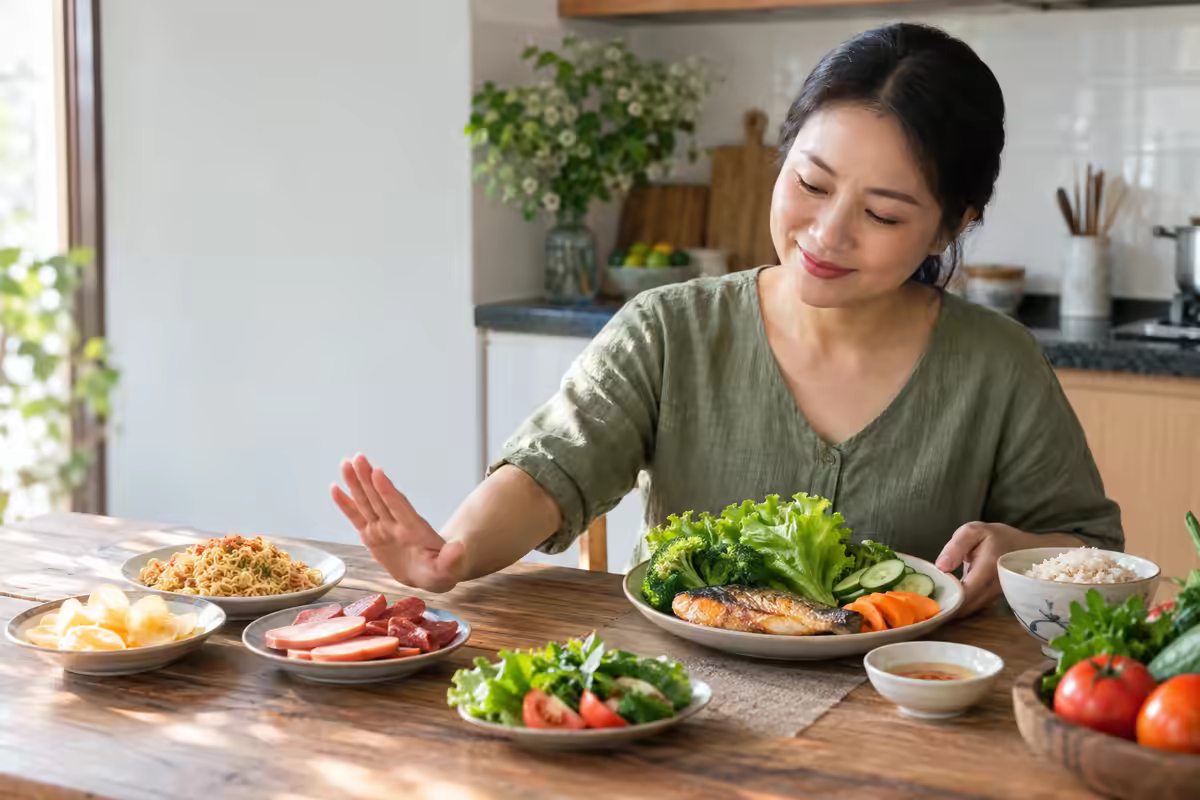 Người nội trợ chọn rau xanh thay cho thực phẩm chế biến mặn để bảo vệ sức khỏe