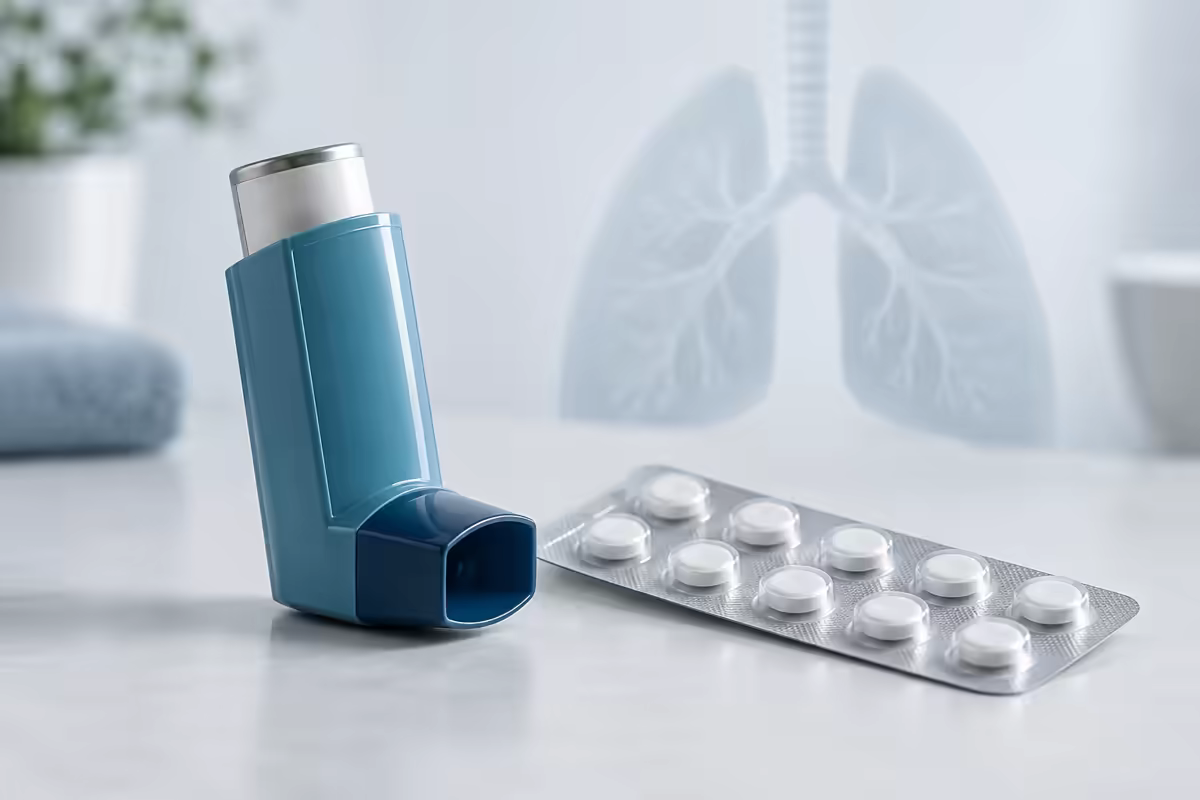 Ống hít hen và vỉ thuốc bên cạnh hình phổi minh họa