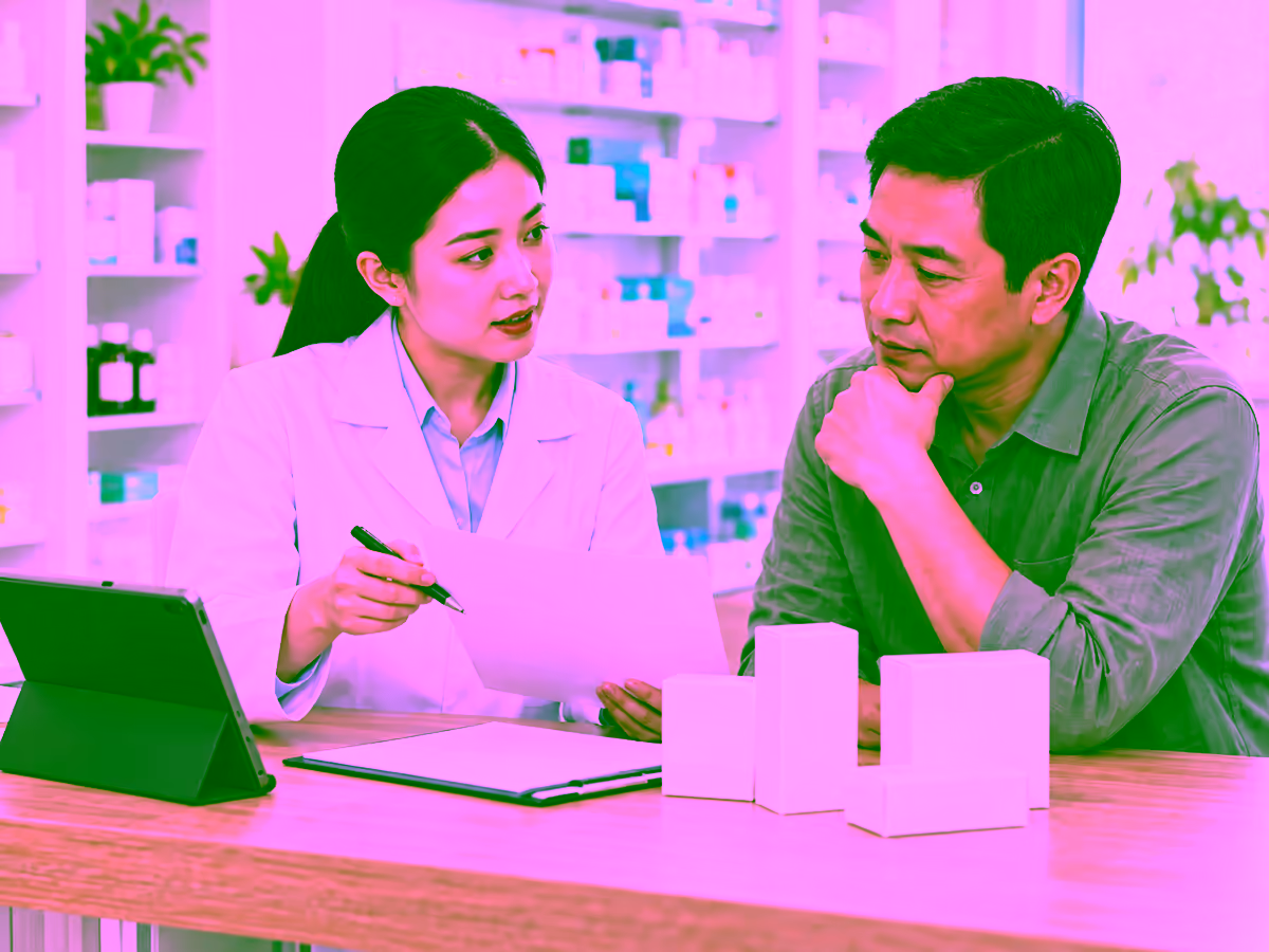 Dược sĩ tư vấn kiểm tra thông tin thuốc chống ung thư được cấp phép